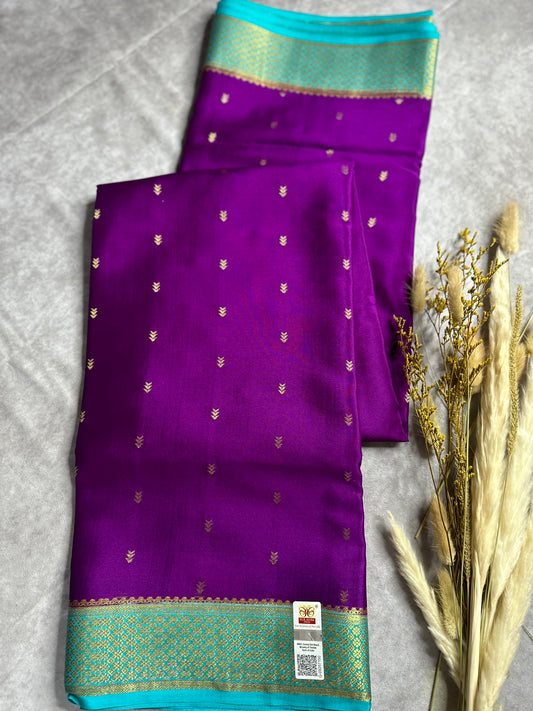 Plum purple- teal blue arrow butta pure crepe silk saree