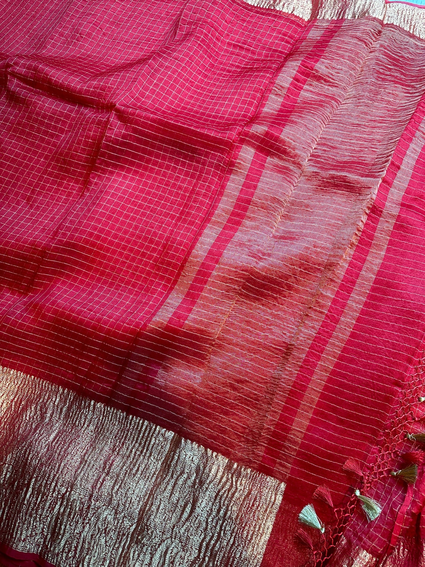 Red organza Checks saree