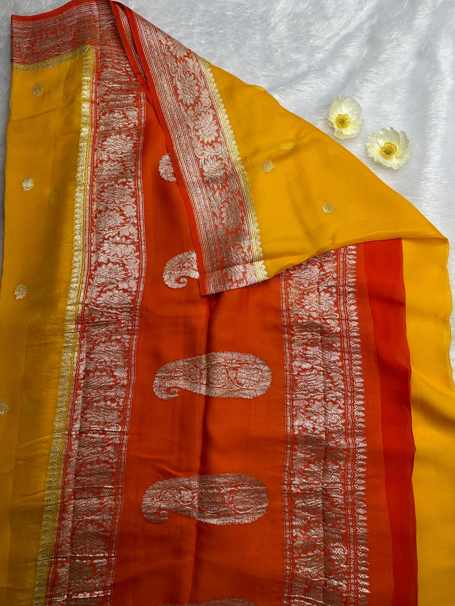 MUSTARD YELLOW-ORANGE PURE KHADDI CHIFFON GEORGETTE SAREE