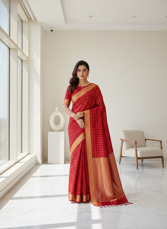 Red checks saree