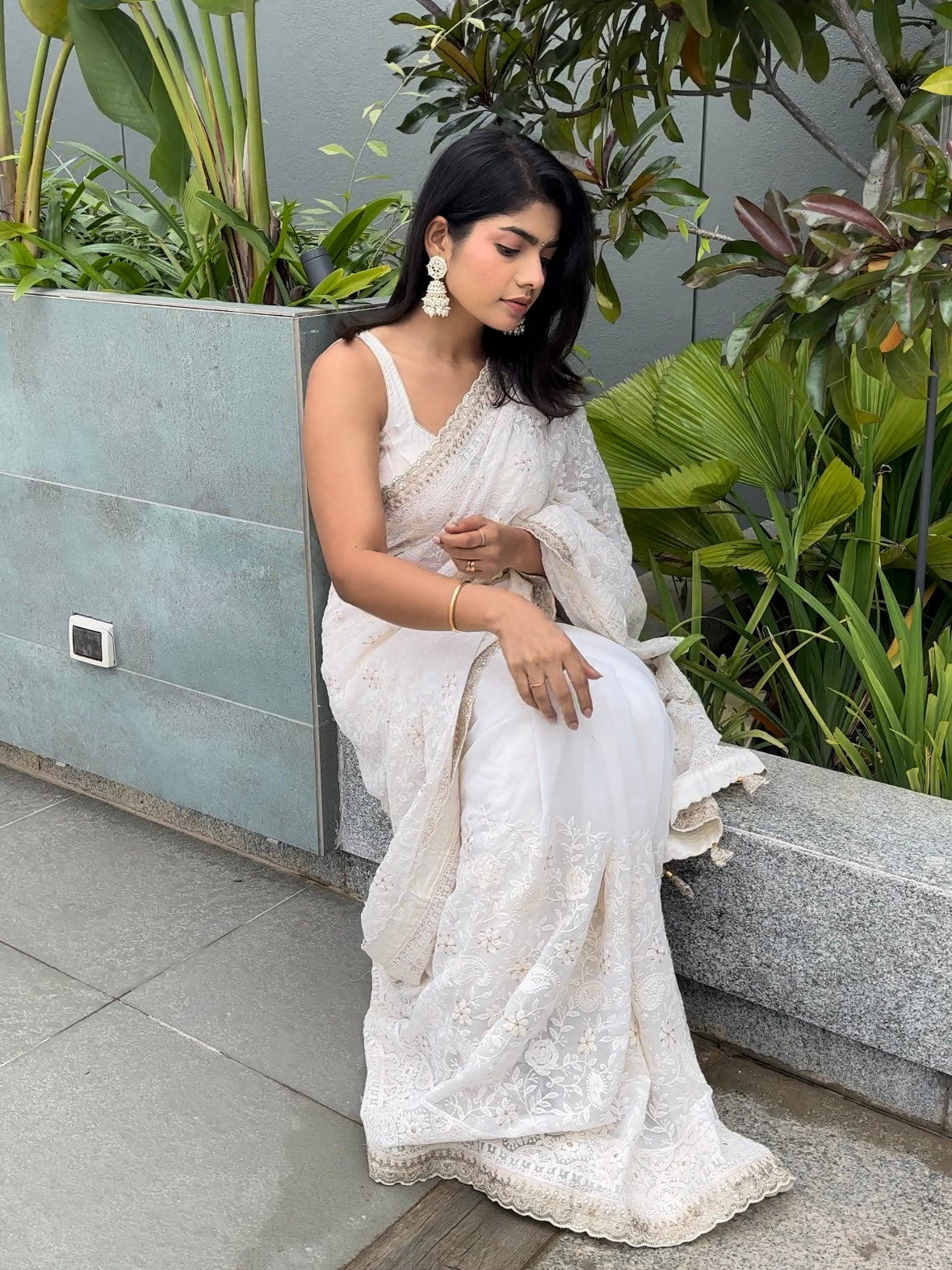 Off-white Chikankari saree