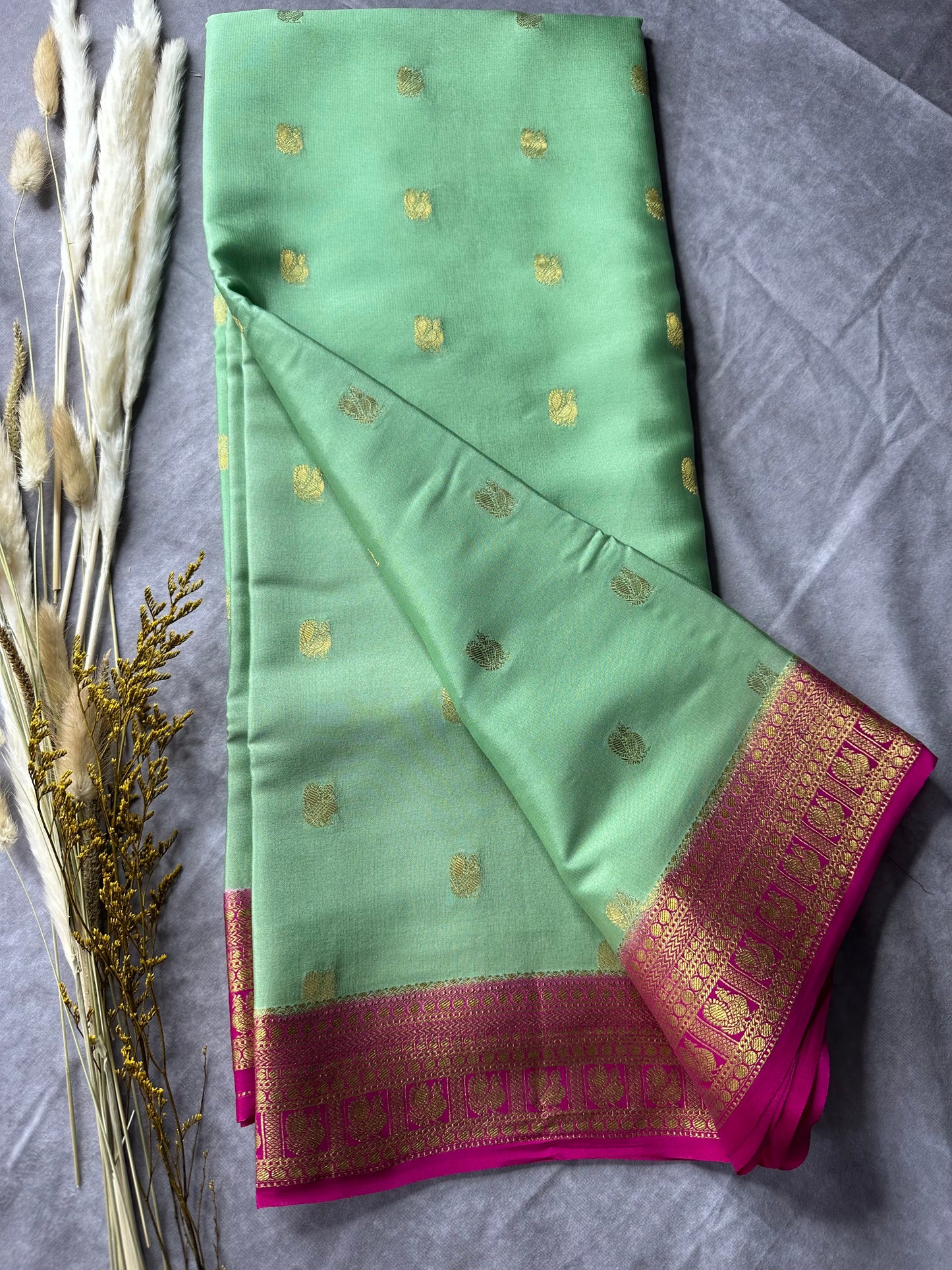 Mint green-magenta pure crepe butta silk saree