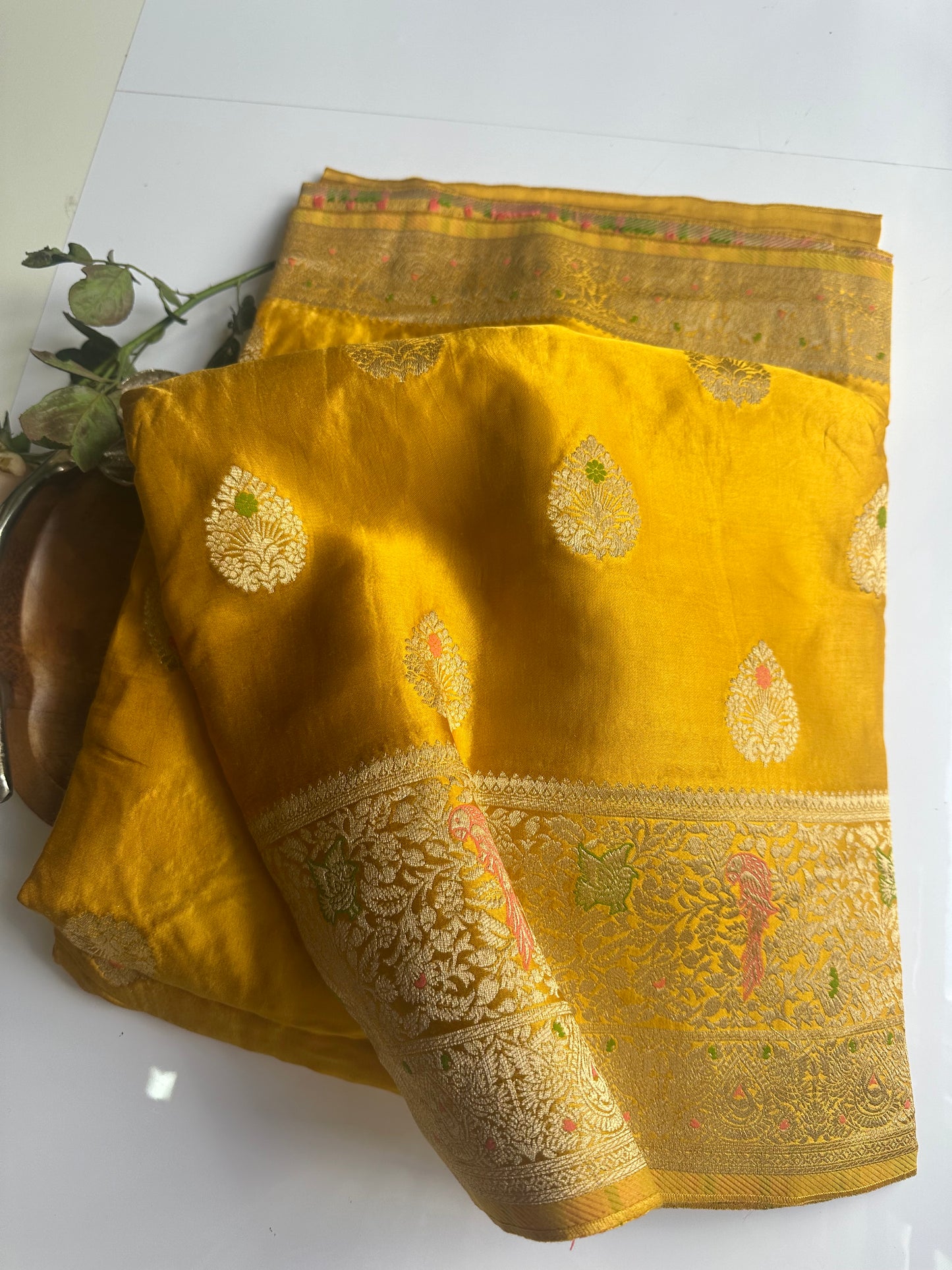 Mastard yellow mashru satin silk saree