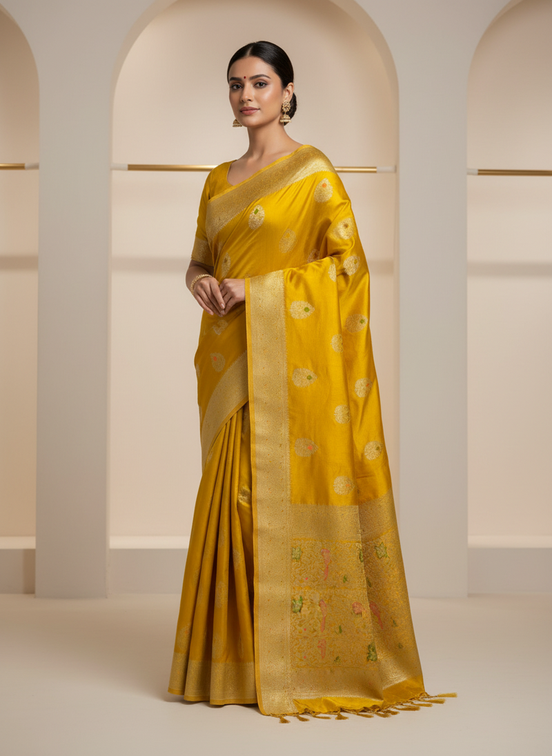 Mastard yellow mashru satin silk saree