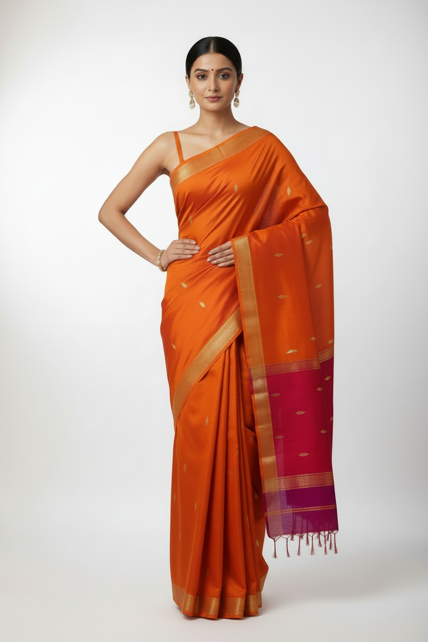 Orange - Magenta pink Star handloom silk saree
