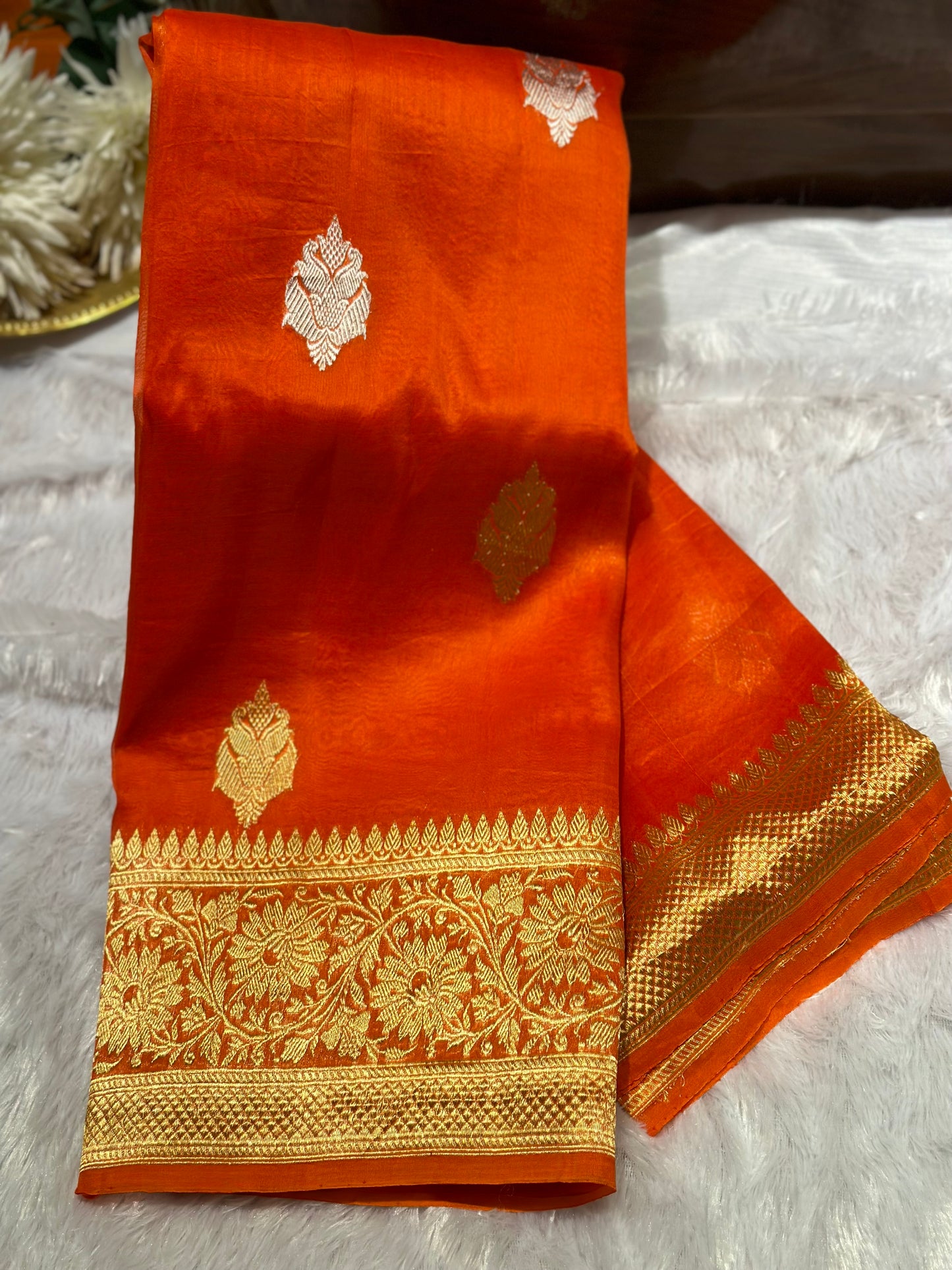 FANTA ORANGE HANDLOOM PURE ORGANZA SAREE