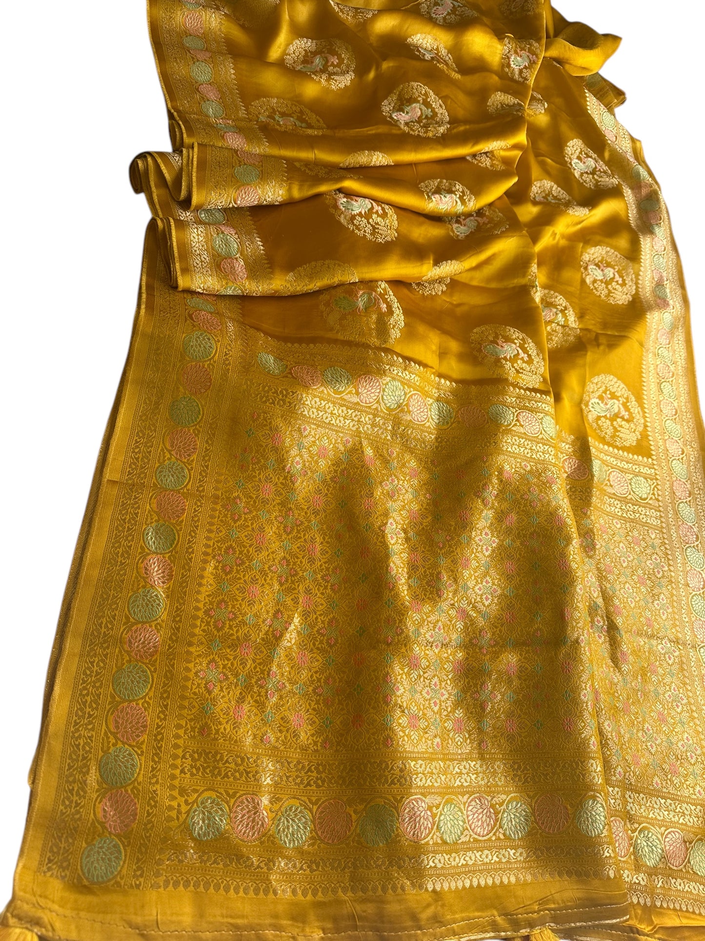 Mastard yellow mashru satin silk saree