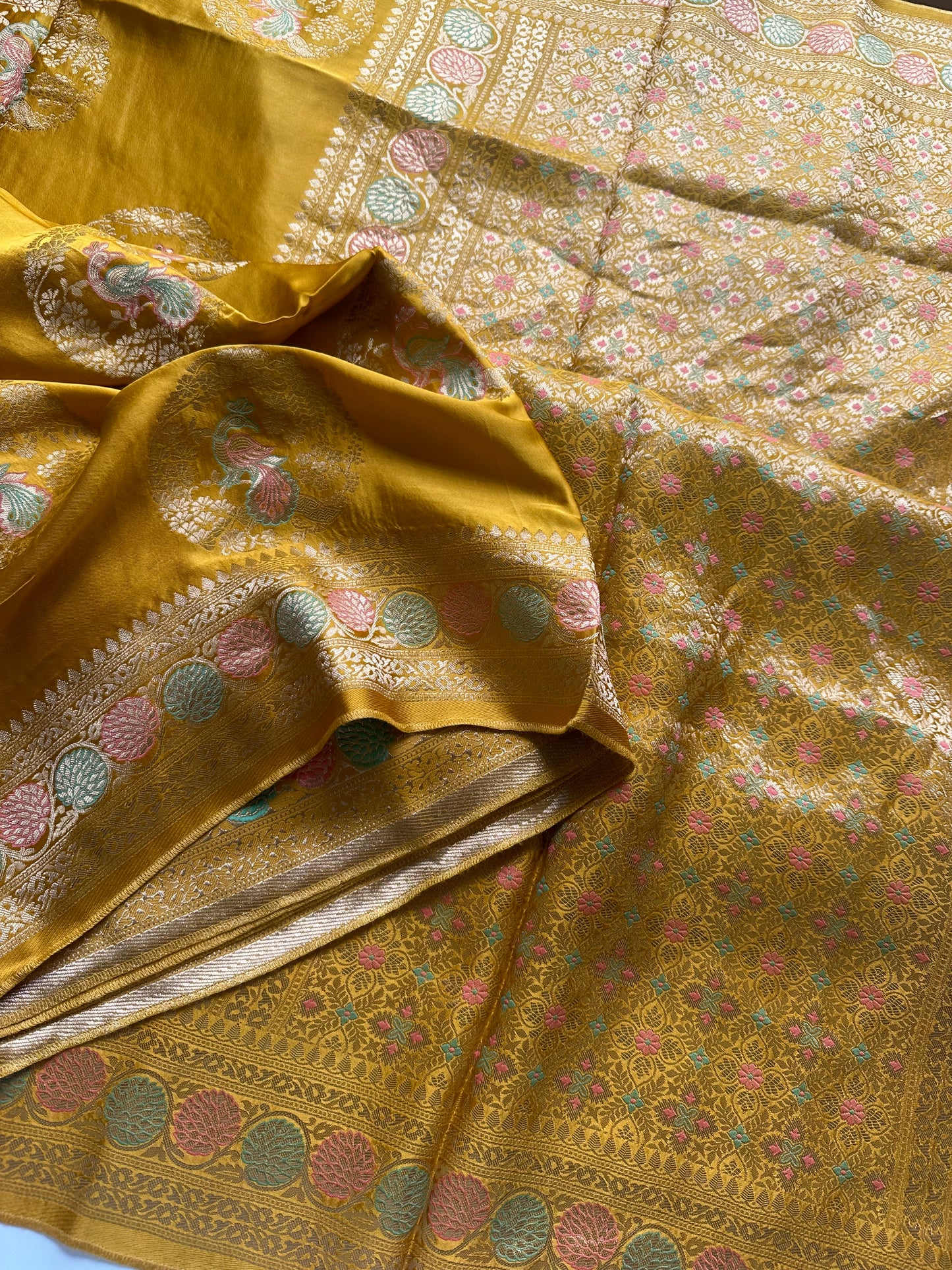 Mastard yellow mashru satin silk saree