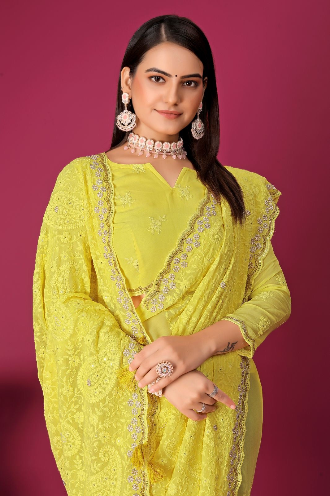 Yellow embroidery saree