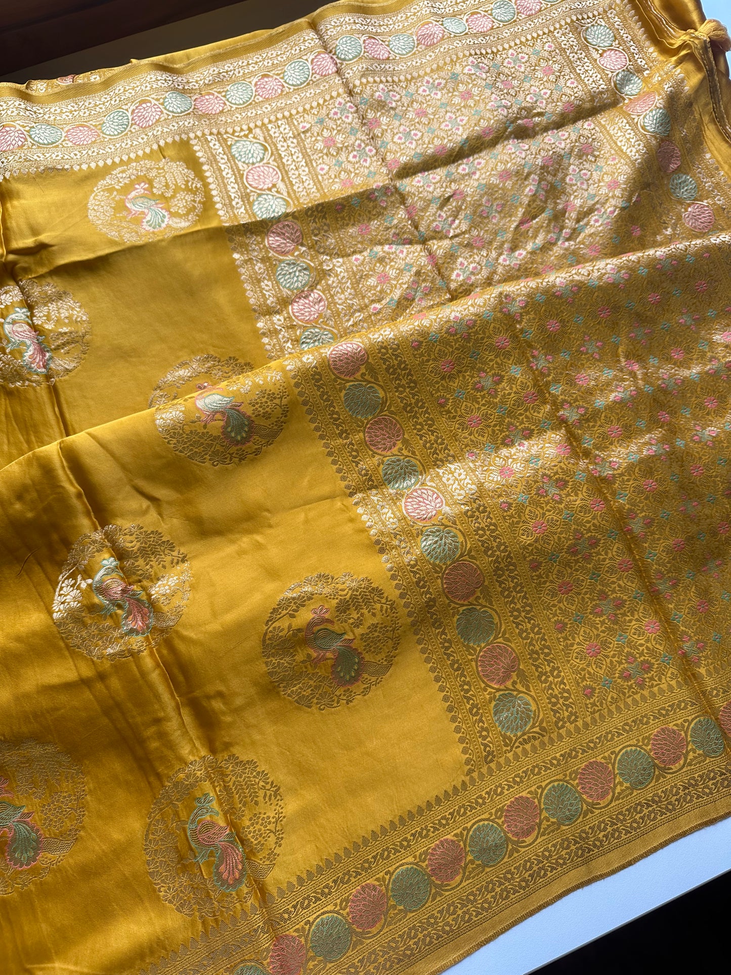 Mastard yellow mashru satin silk saree