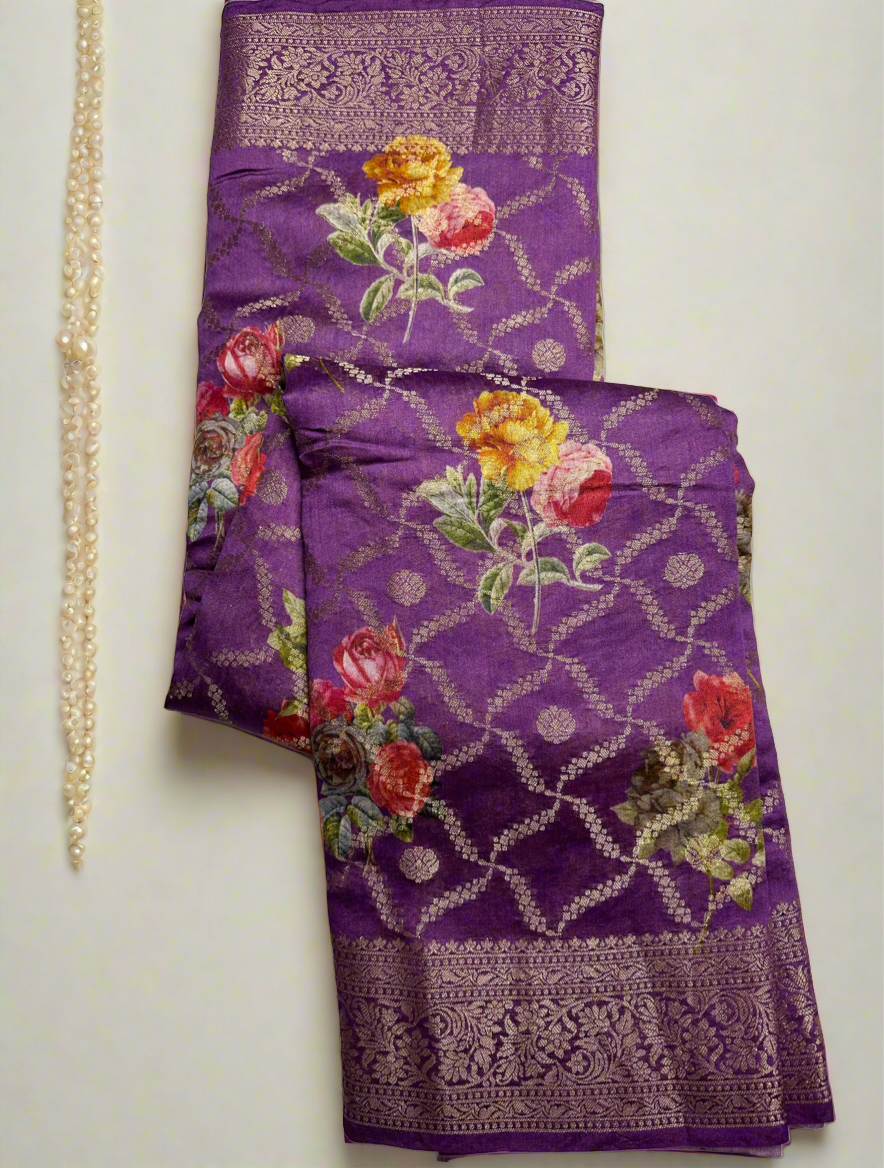 Violet printed pure chiniya silk saree