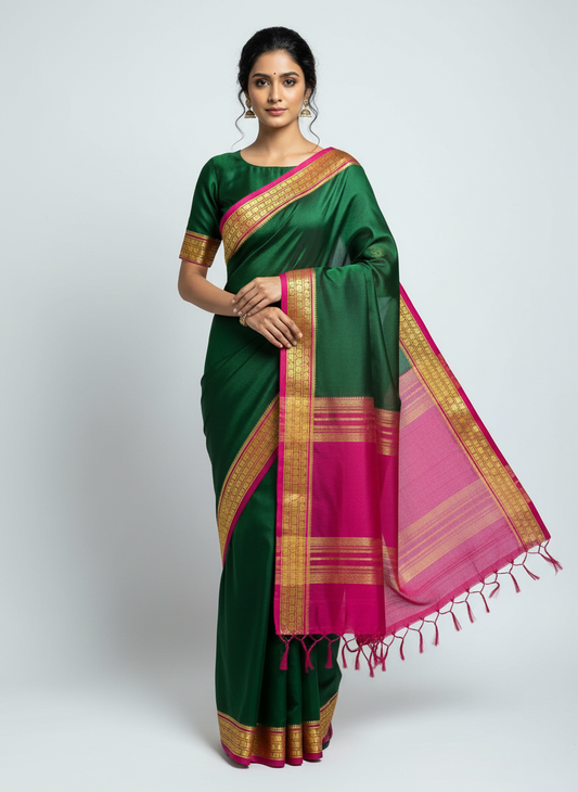 Bottle green-pink ashwini pure crepe silk saree
