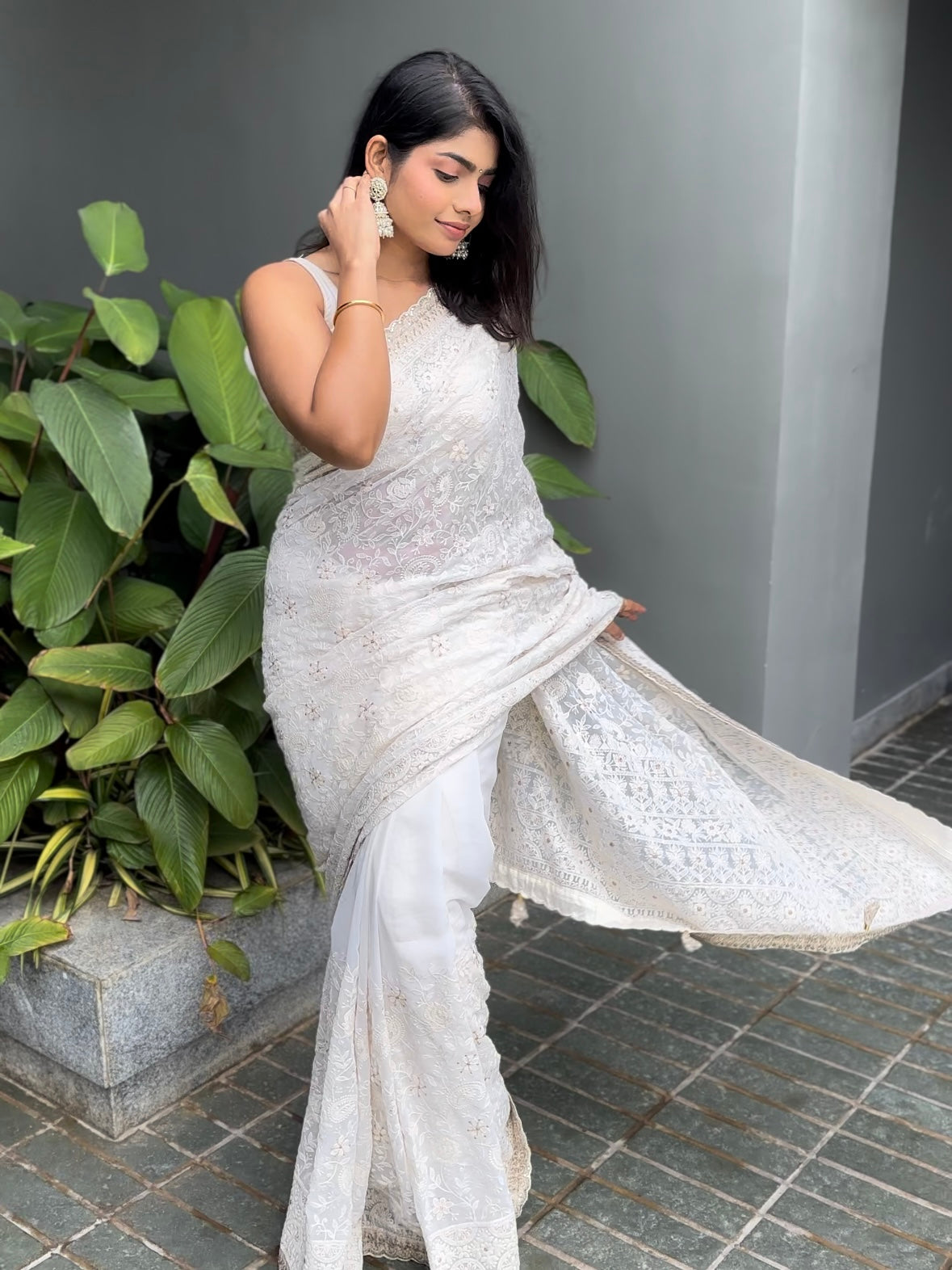 Off-white Chikankari saree