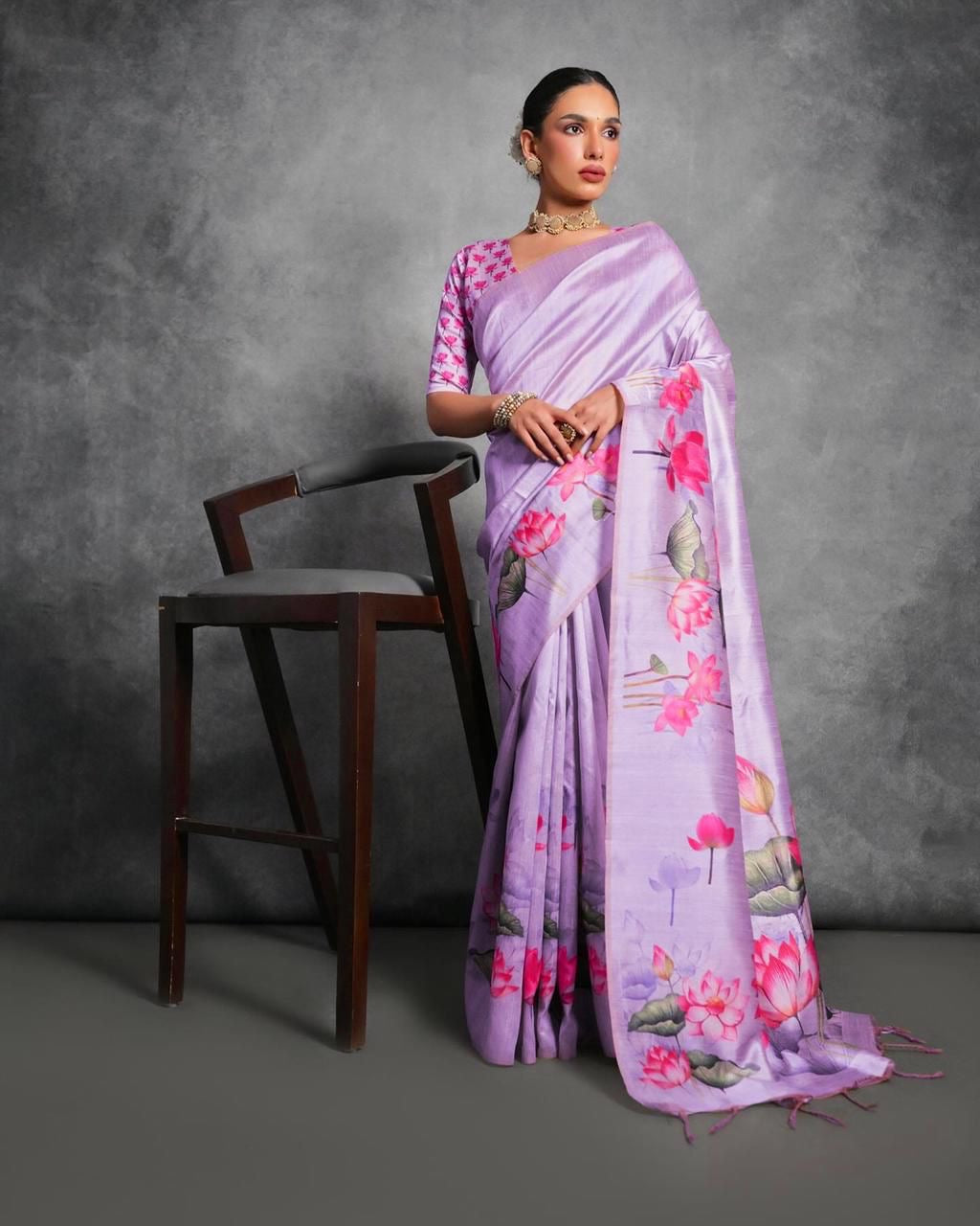 Lavender Digital flower printed blouse saree