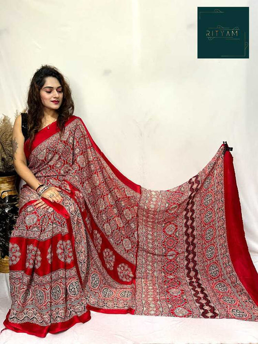 Red ajrak printed saree