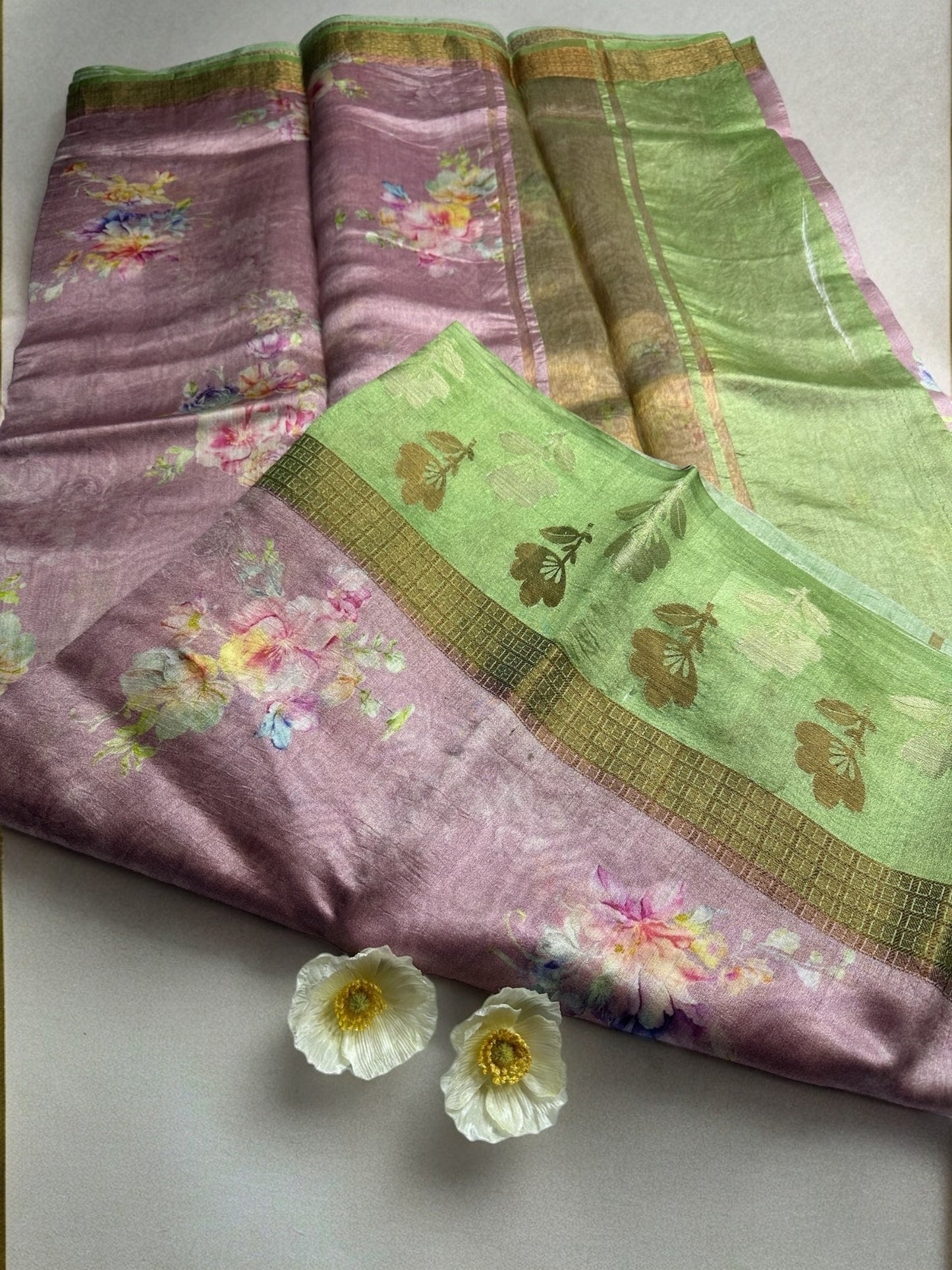 GREEN-PINK DIGITAL PRINT PURE CHINIYA SILK SAREE