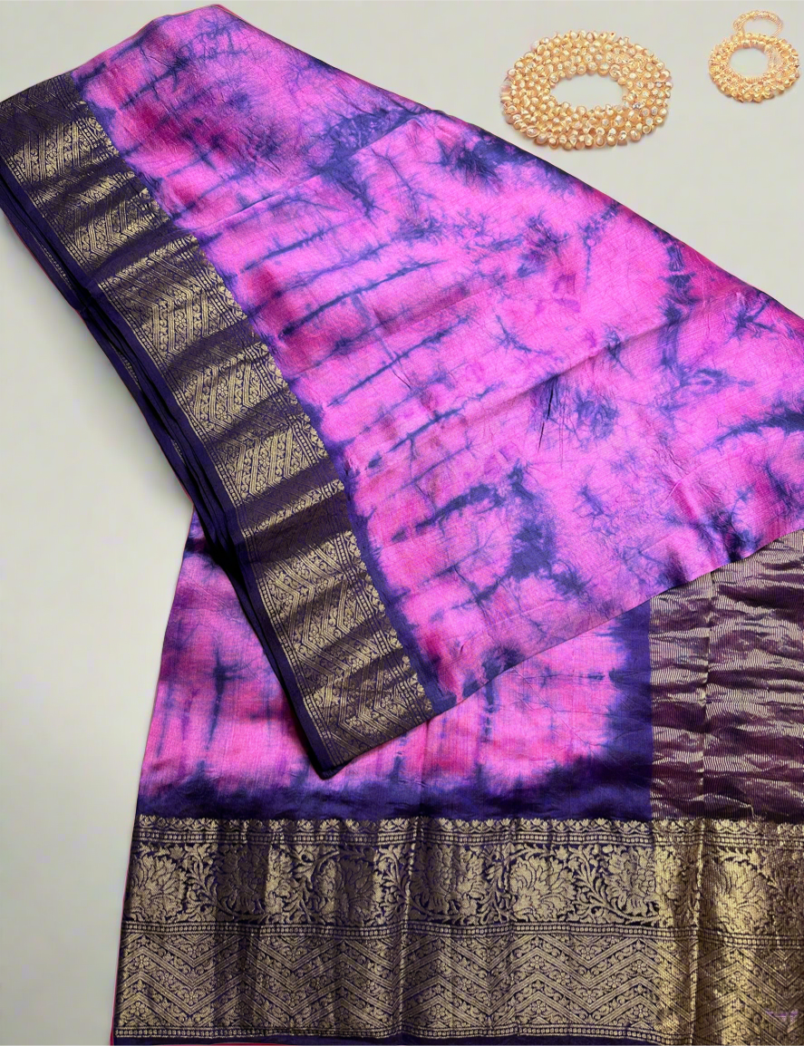 Pink-purple tie-dye pure chiniya silk saree