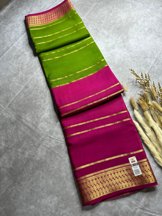 Rani pink-green fancy 1/2 X 1/2 stripes crepe silk saree