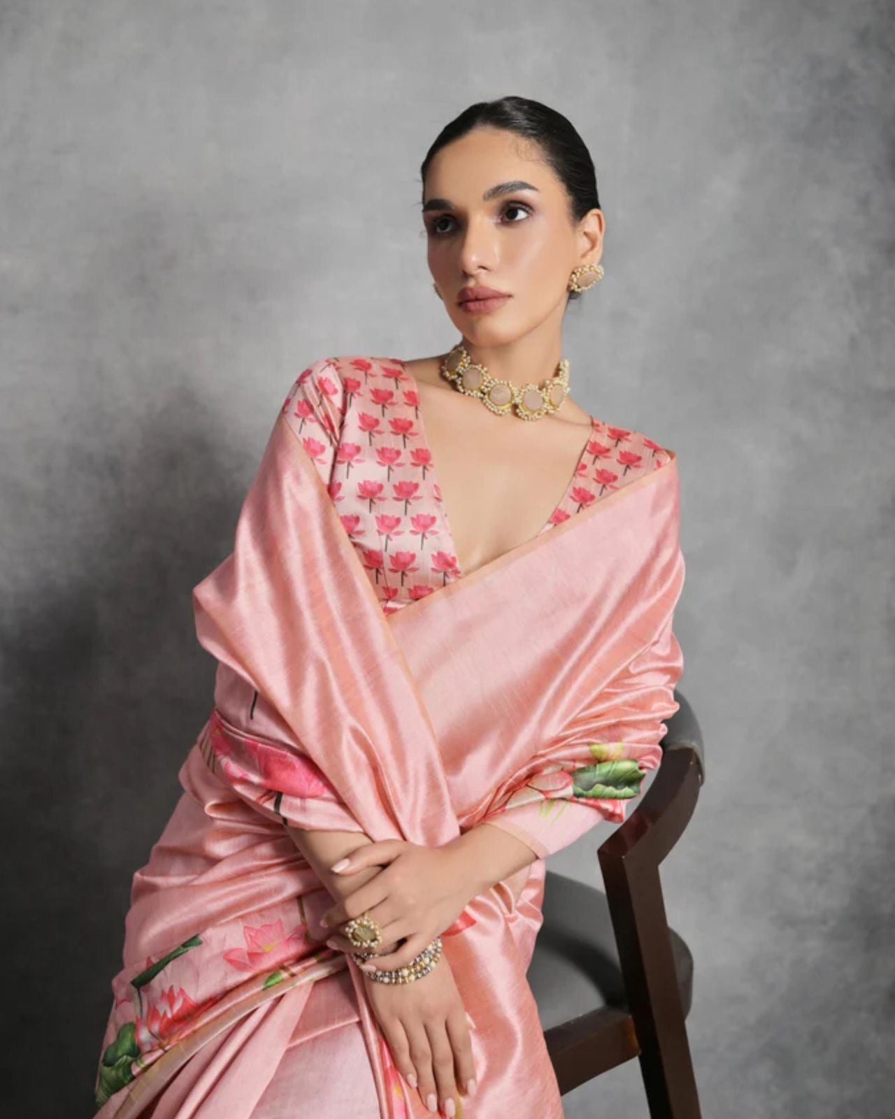 Pink Digital flower printed blouse saree