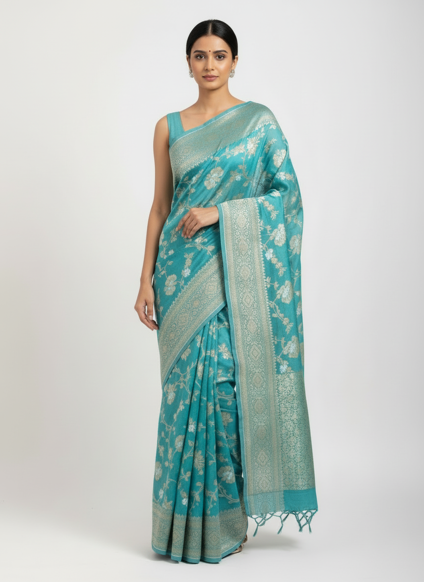 Aqua blue pure Georgette saree
