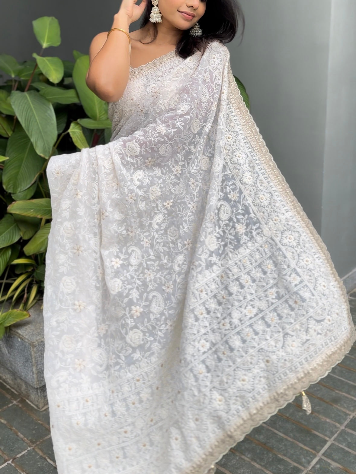 Off-white Chikankari saree