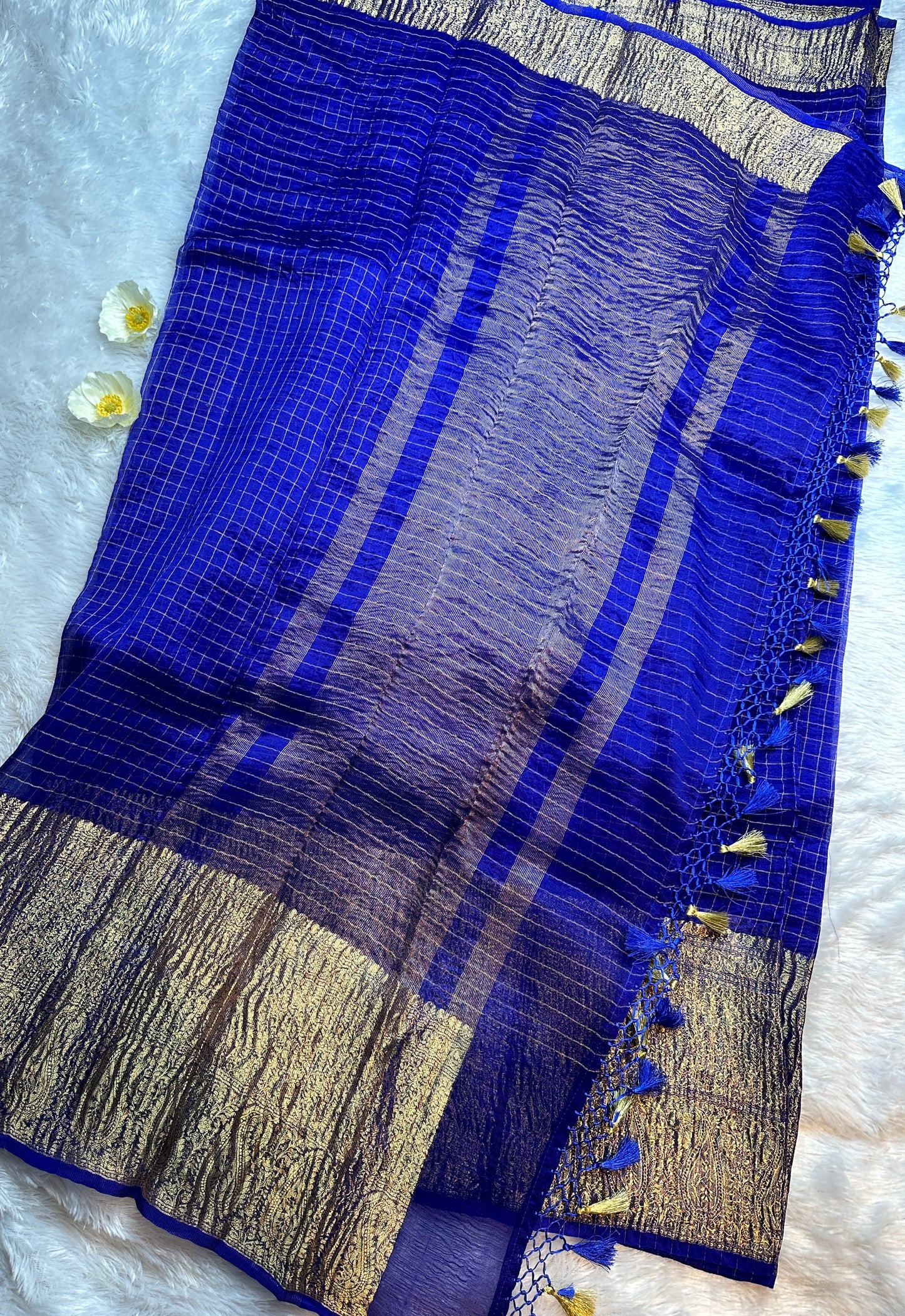 Royal blue organza checks saree