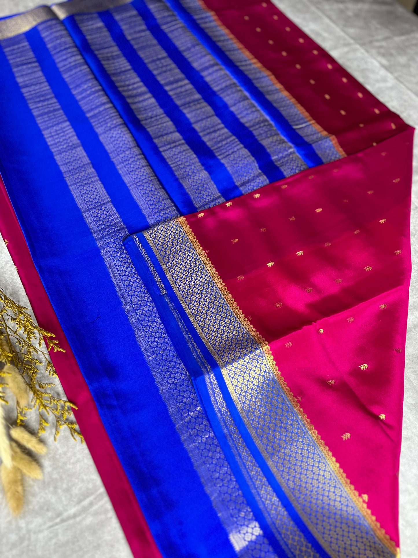 Rani pink- blue arrow butta pure crepe silk saree