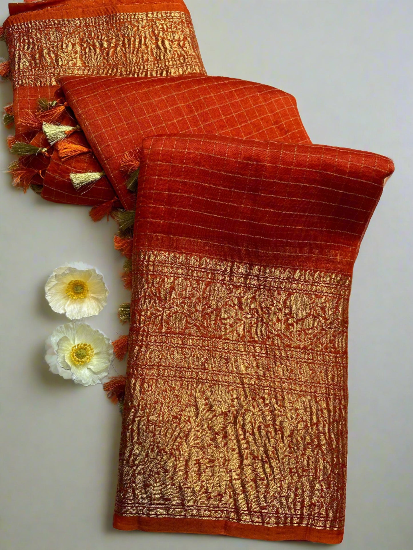 Fanta orange organza checks saree