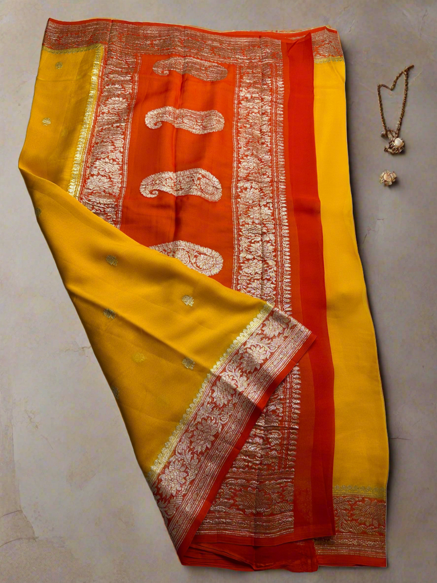 MUSTARD YELLOW-ORANGE PURE KHADDI CHIFFON GEORGETTE SAREE