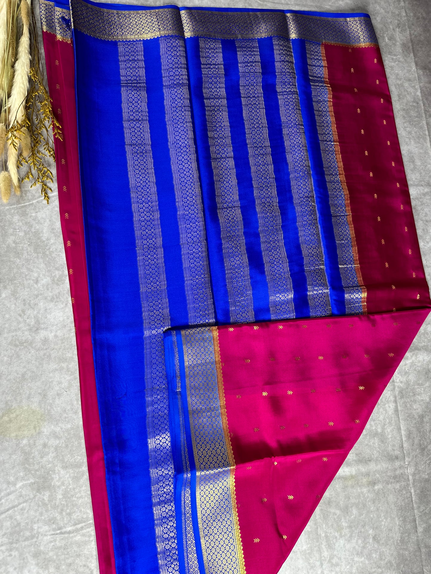 Rani pink- blue arrow butta pure crepe silk saree