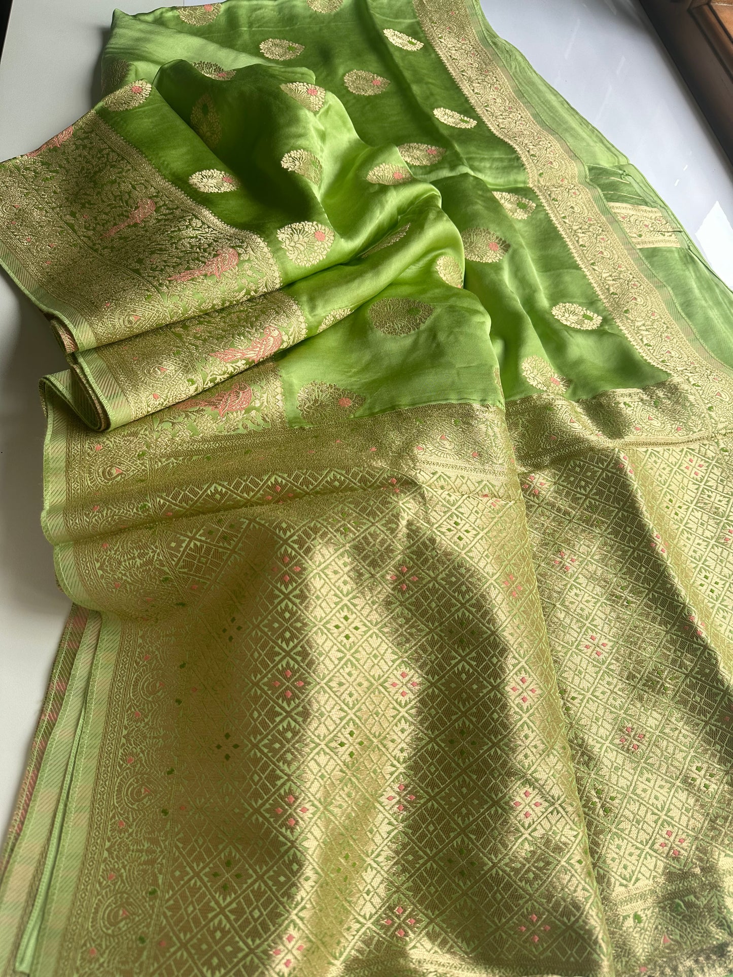 Parrot green mashru satin silk saree