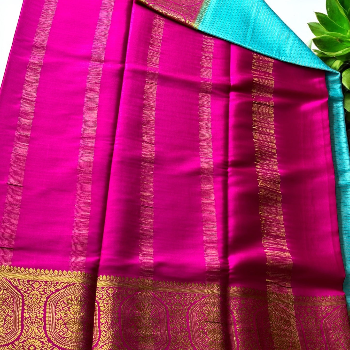 PINK BLUE BIG BORDER PURE CREPE SAREE