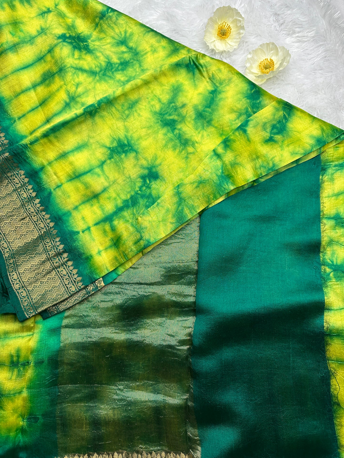 Green- yellow tie-dye pure chiniya silk saree