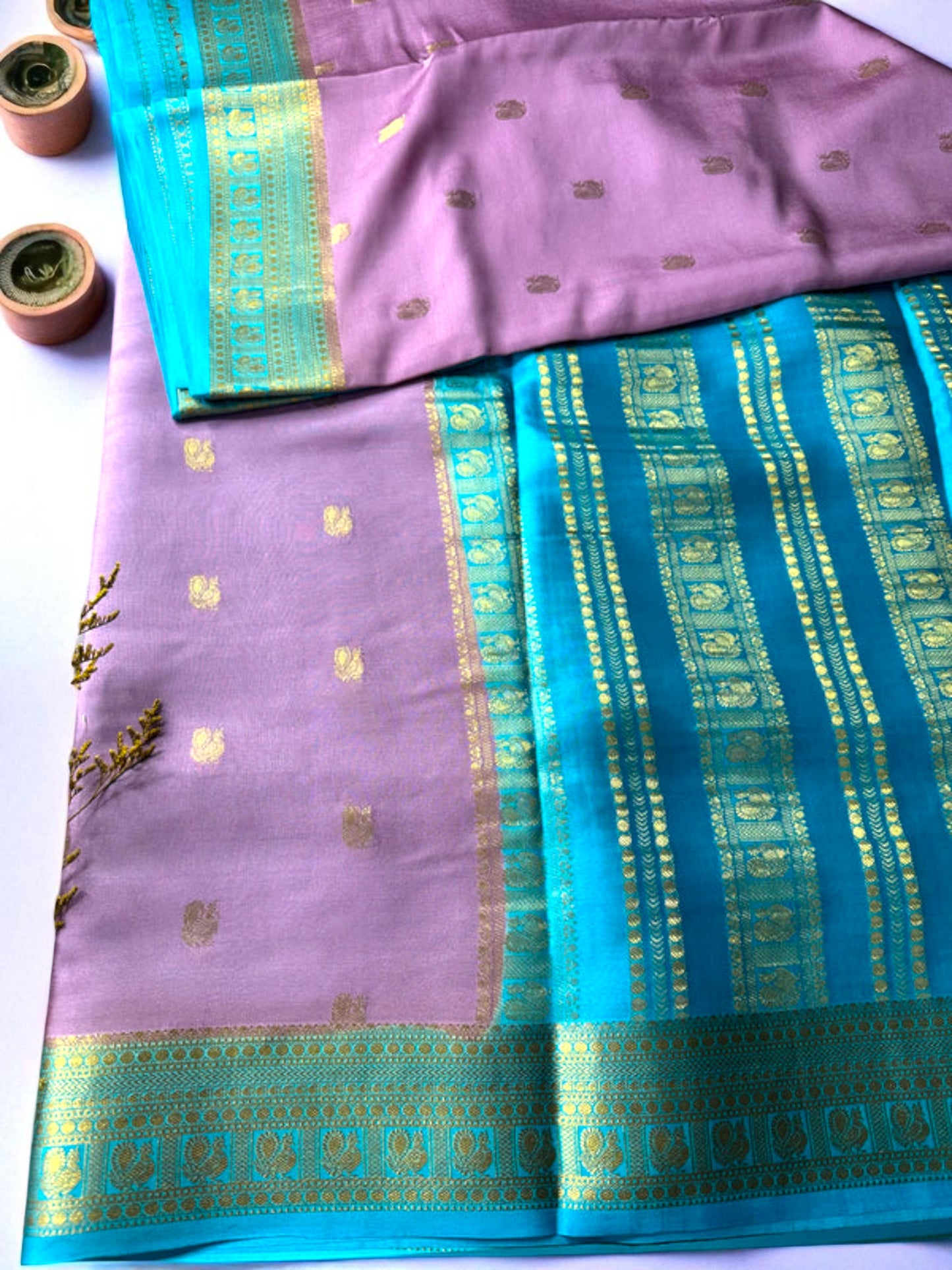 Pink- teal green pure crepe butta swan silk saree