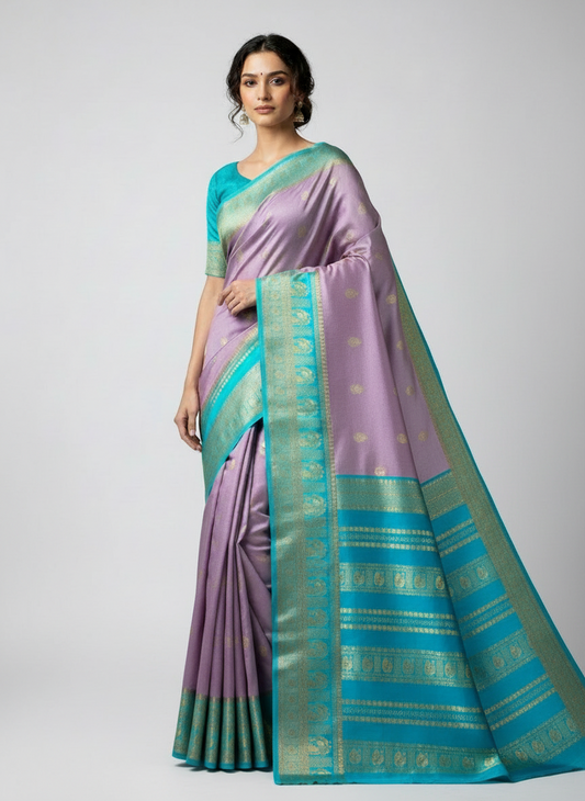Pink- teal green pure crepe butta swan silk saree