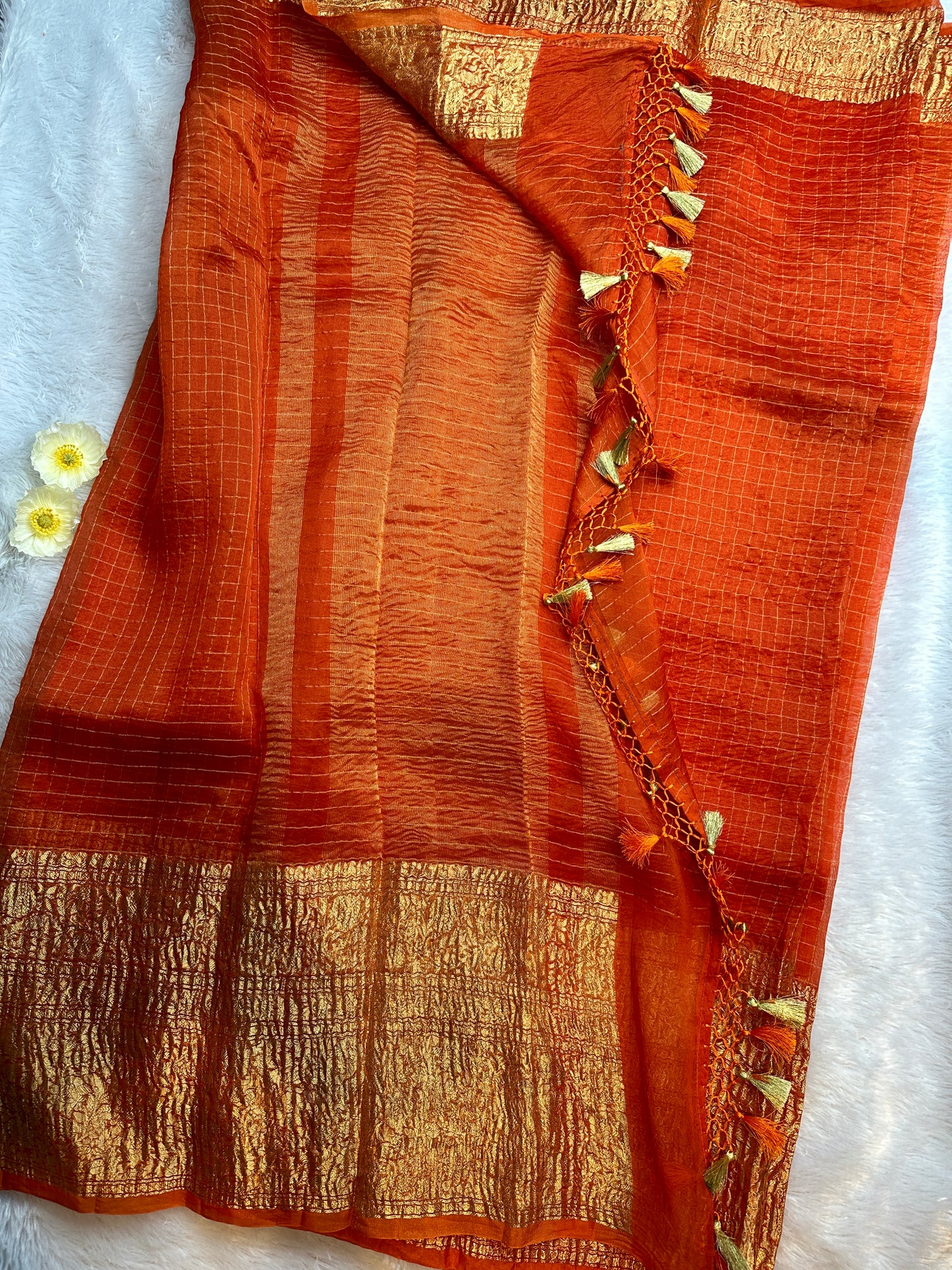 Fanta orange organza checks saree