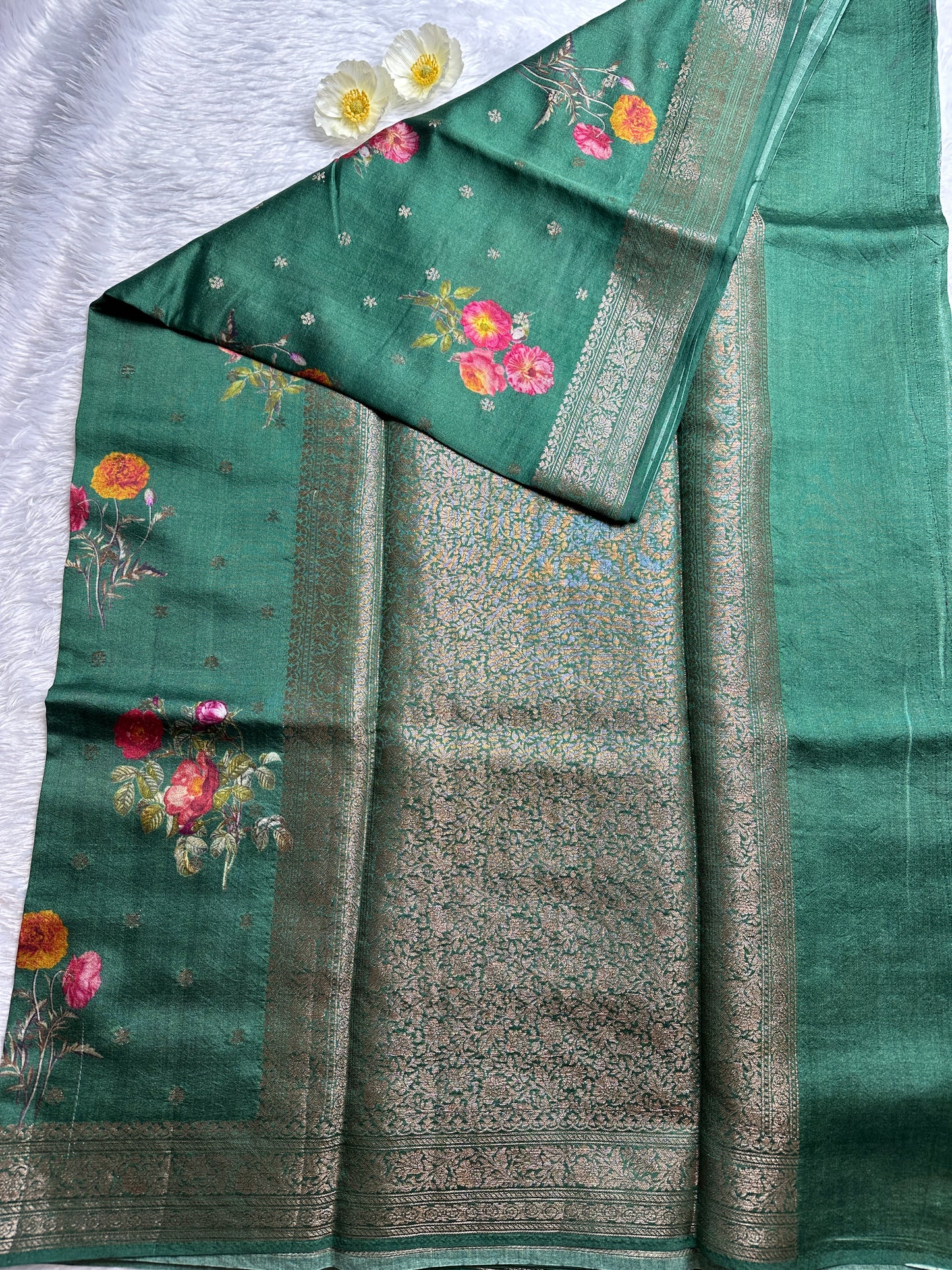 Green printed pure chiniya silk saree