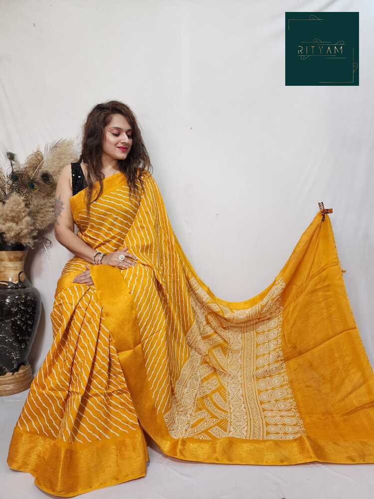 Golden yellow printed Dola silk saree