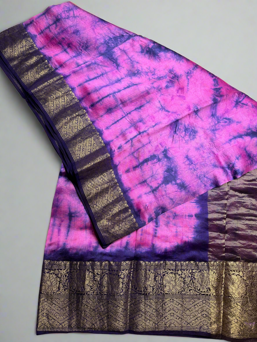 Pink-purple tie-dye pure chiniya silk saree