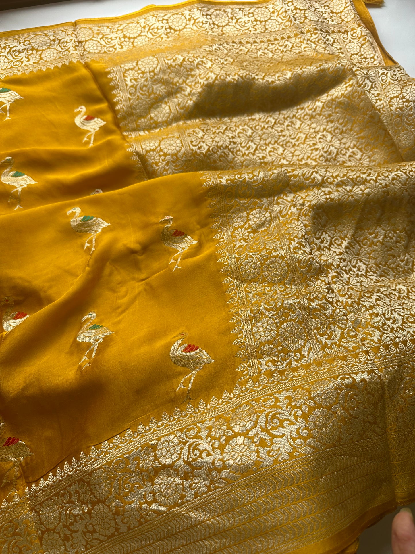 Mastard yellow mashru satin silk saree