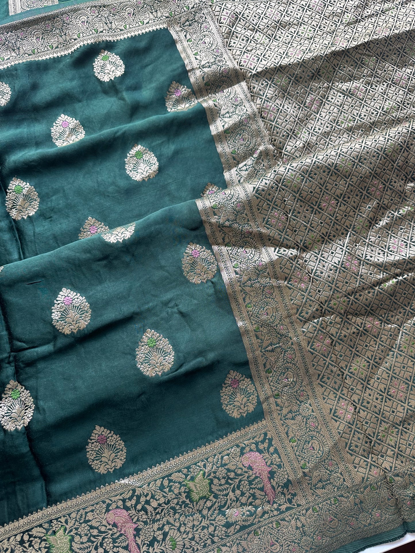 Bottle green mashru satin silk saree