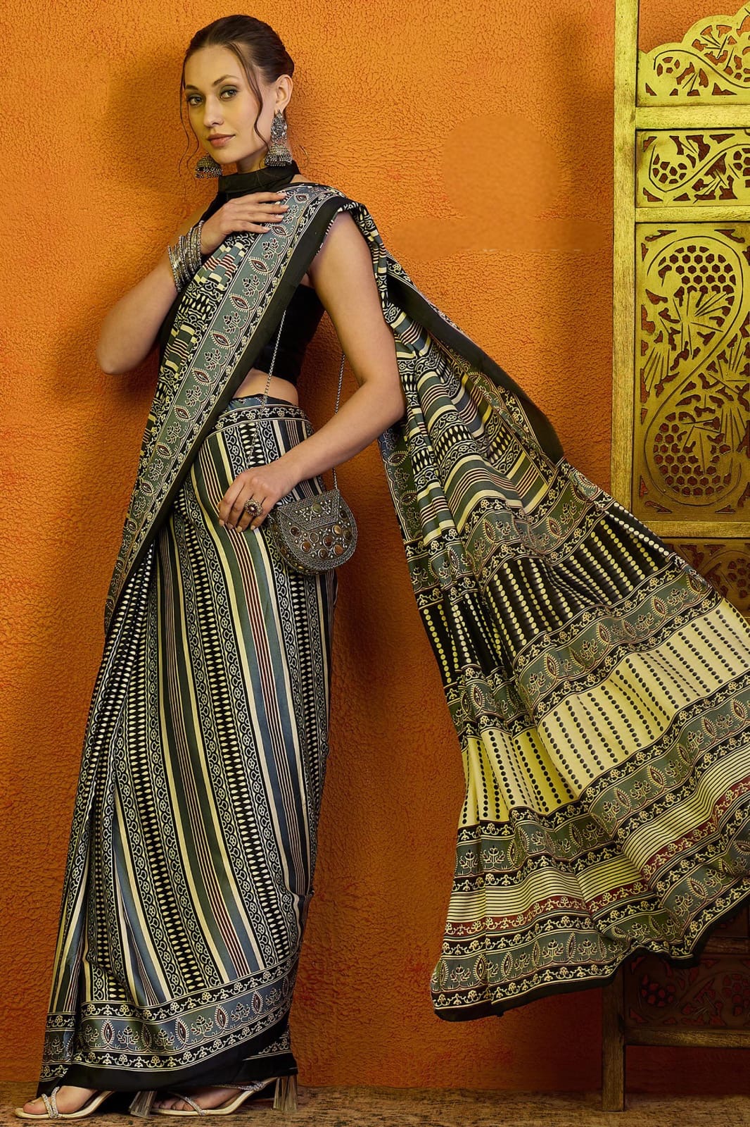 Blue-black-white Multi coloured soft modal satin saree