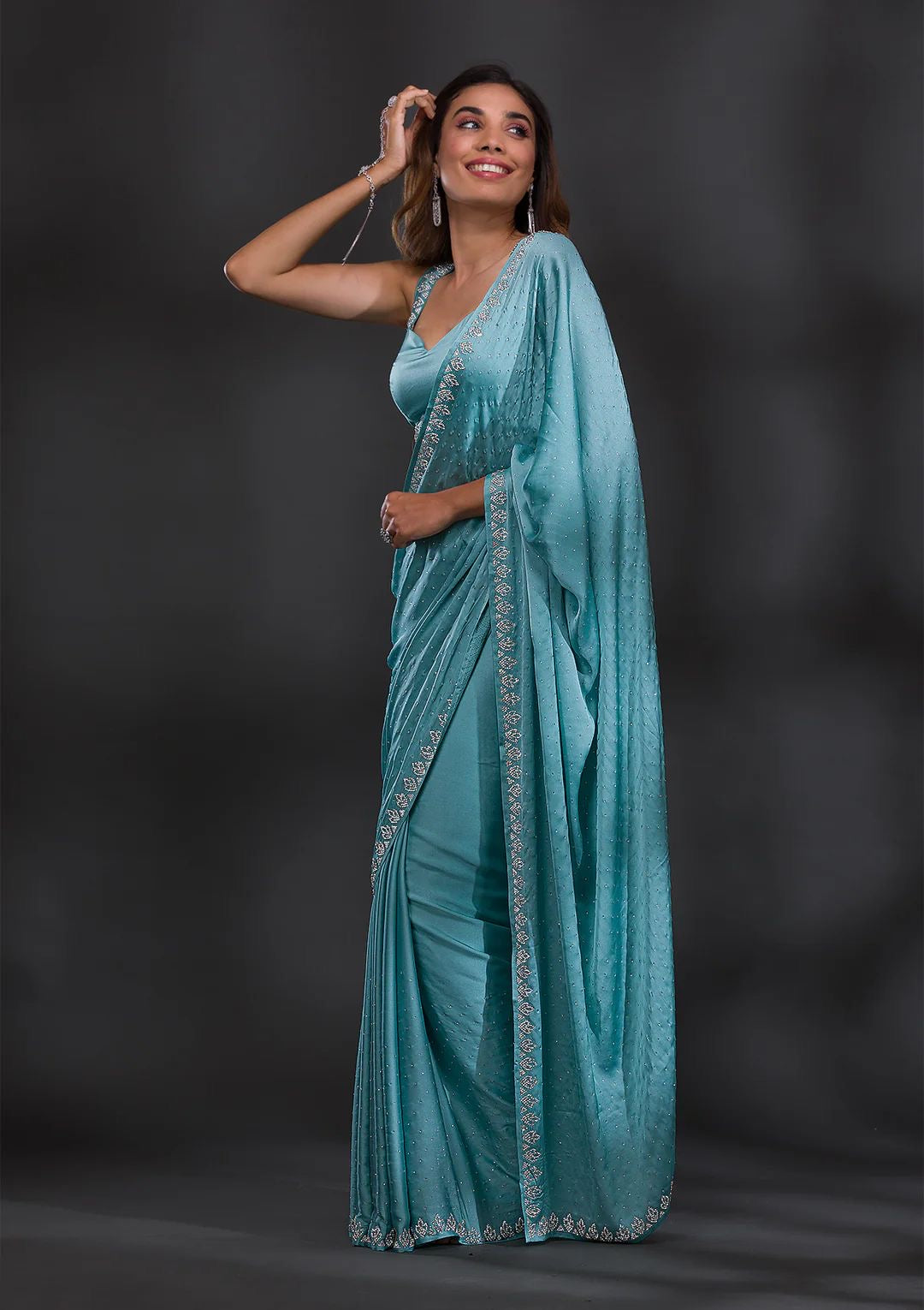 Sky blue Chinnon crepe with diamond work saree