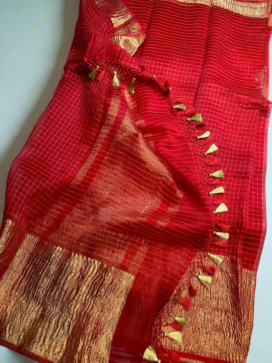 Red organza Checks saree