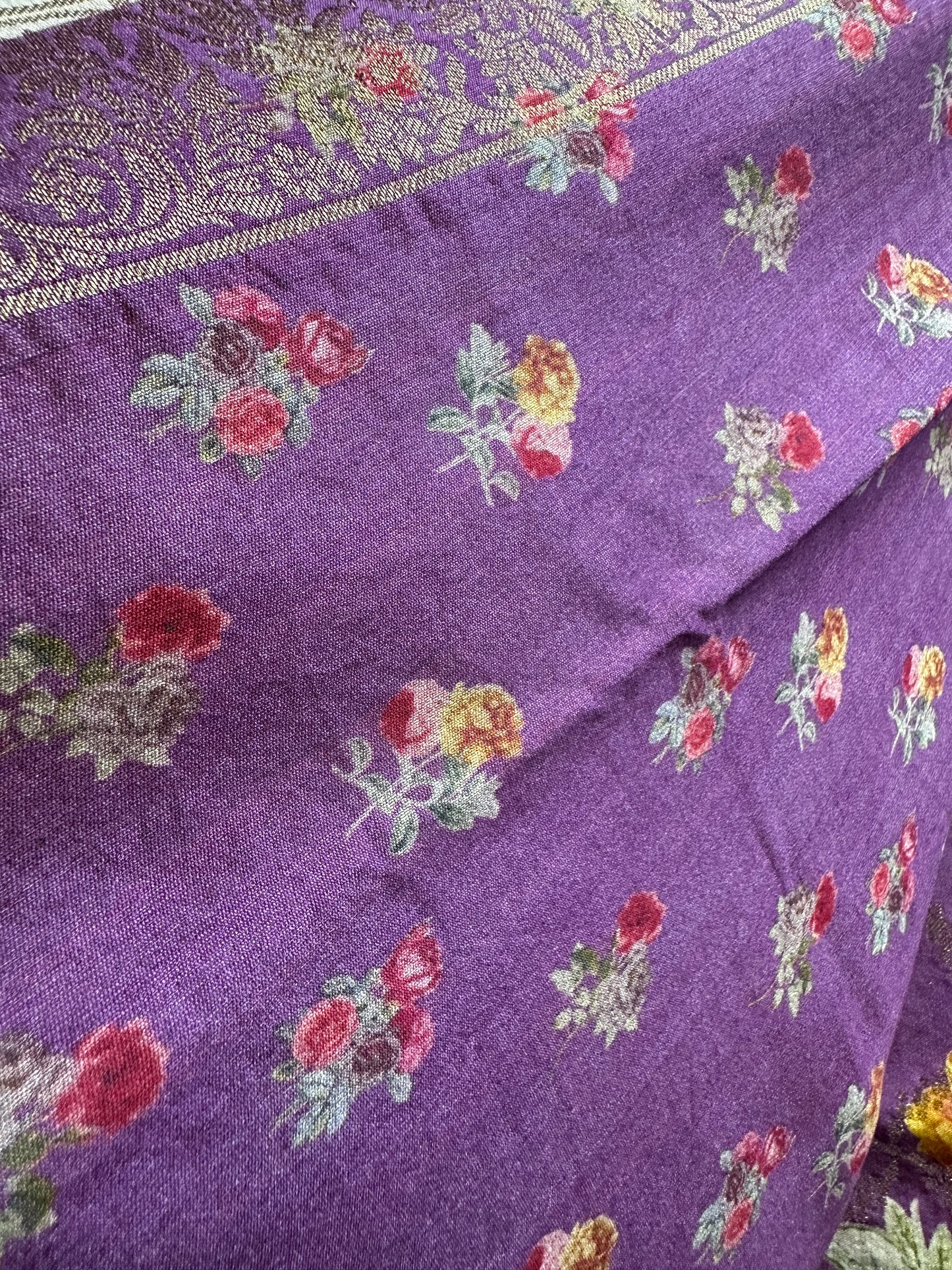 Violet printed pure chiniya silk saree