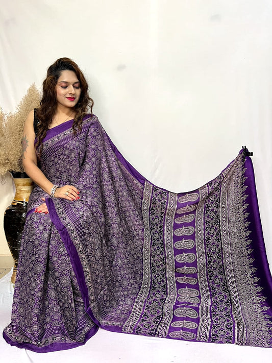 Violet ajrak printed saree