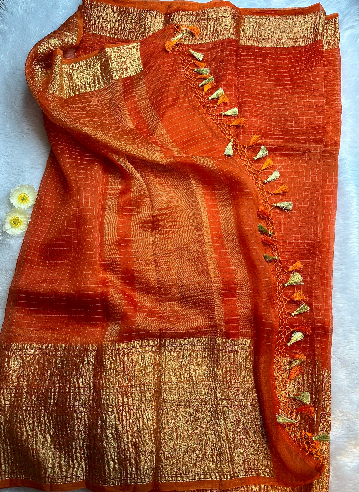 Fanta orange organza checks saree