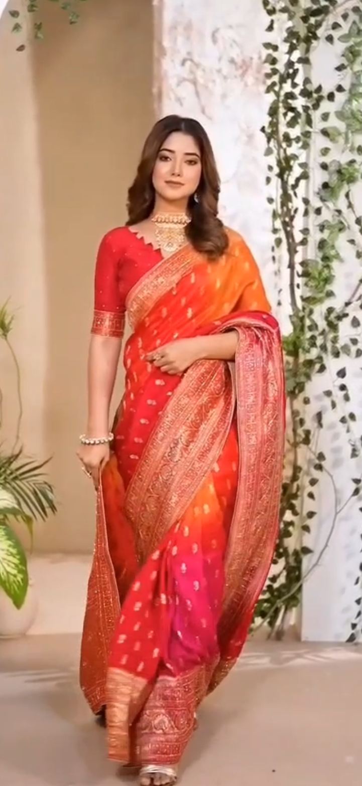 Red-orange Soft Dola silk embroidery saree