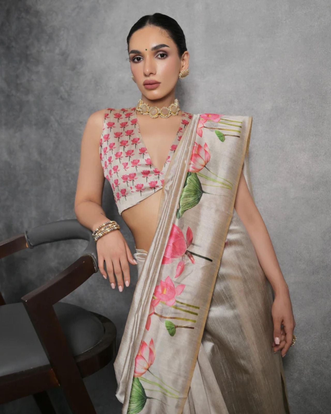 Beige Digital flower printed blouse saree