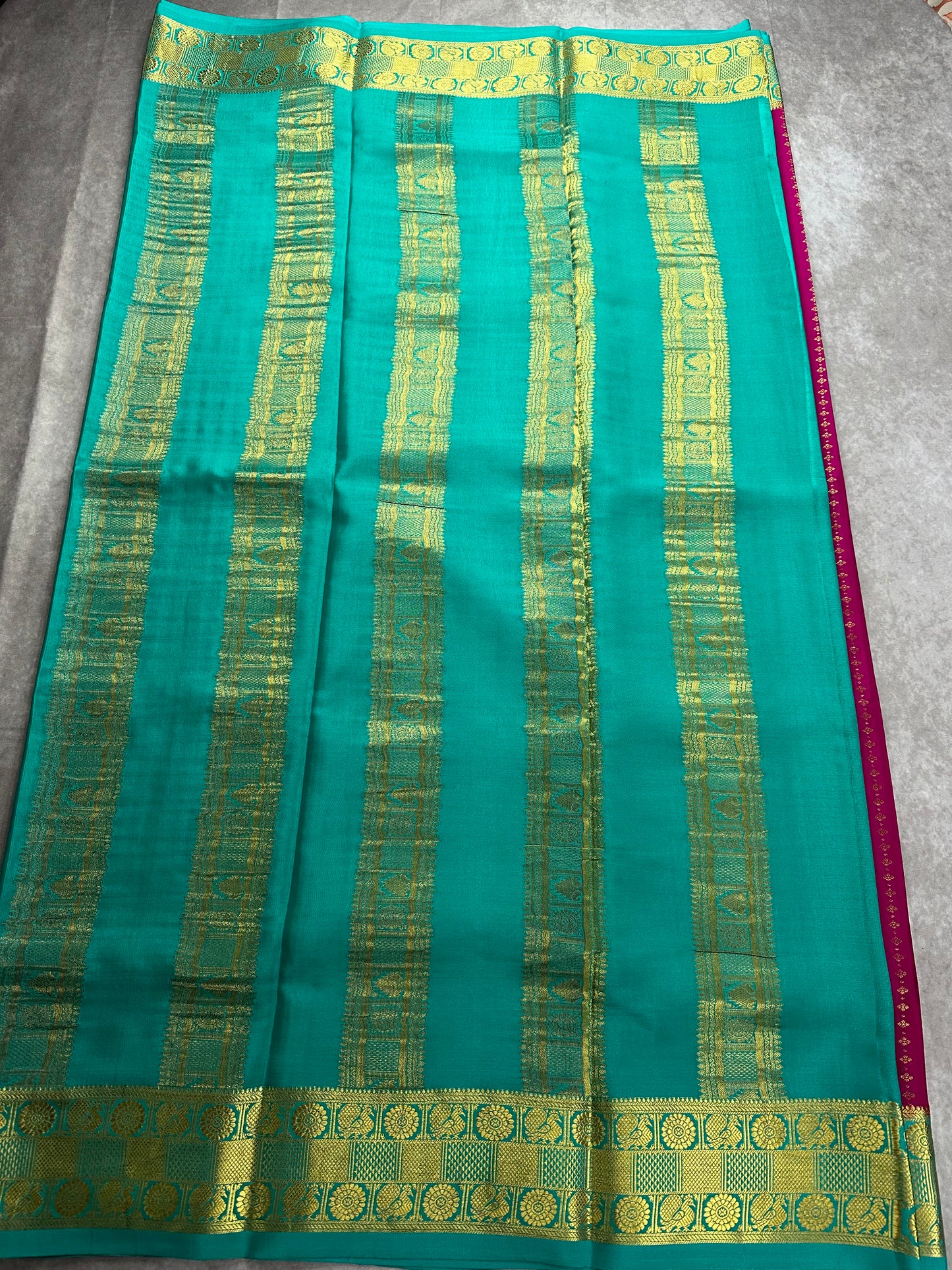 Rani pink- teal green Sudarshan gatti kalanjali pure crepe silk saree